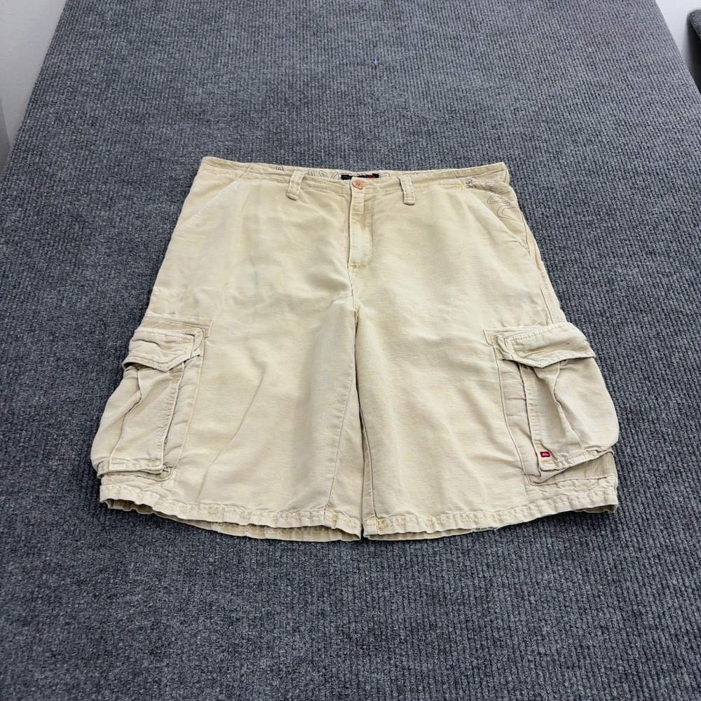 Vintage Quiksilver Cargo Shorts Mens 38 Tan Linen Blend Utility Skate Y2K Style